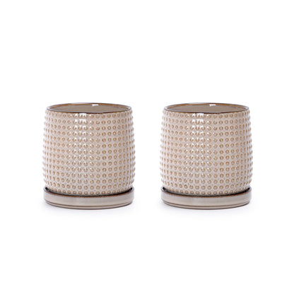 D'vine Dev Set of 2 Ceramic Plants Pots, 4 Inch Beaded Stoneware Flower Pot for Plants with Drainage Hole and Saucer, Light Brown, 27-E-Z-4