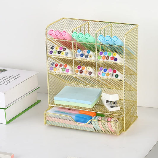 Spacrea Mesh Pen Organizer - Pencil Holder for Desk, Desk Organizer with Drawer for School, Home, Art Supplies (Gold)
