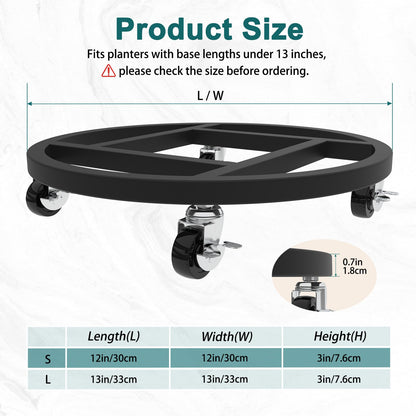 RIDSENIA 2 Pack Metal Plant Caddy with Wheels, 13'' Heavy Duty Round Rolling Planter Tray, Plant Stand with 360° Lockable Casters Wheels Indoor Outdoor Use, Planter Dolly for Flower Pots, Black