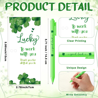 Fullhawl 12 Sets Shamrock Pen Gifts Bulk for Employee Good Luck Ballpoint Pens Clover Keychains with Thank You Cards for Teacher End of Year Team Staff Coworker Graduation