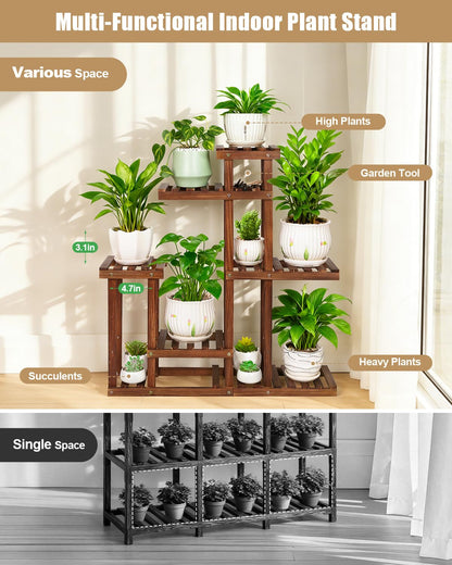 Carbonized Wood Plant Stand, 6-Tier Indoor Tiered Plant Shelves, Space-Saving Narrow Wood Plant Rack for Multiple Plants, Sturdy Flower Stand for Living Room/Balcony/Garden/Outdoor, Easy Assembly