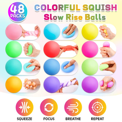 48 Pack Slow Rising Stress Ball,Stress Balls for Kids Adults,Stretchy Fidget Toys for Anxiety Relief,Hand Therapy Sensory Squishy Ball,Squishy Toys,Treasure Prize Box Toys for Kids Classroom