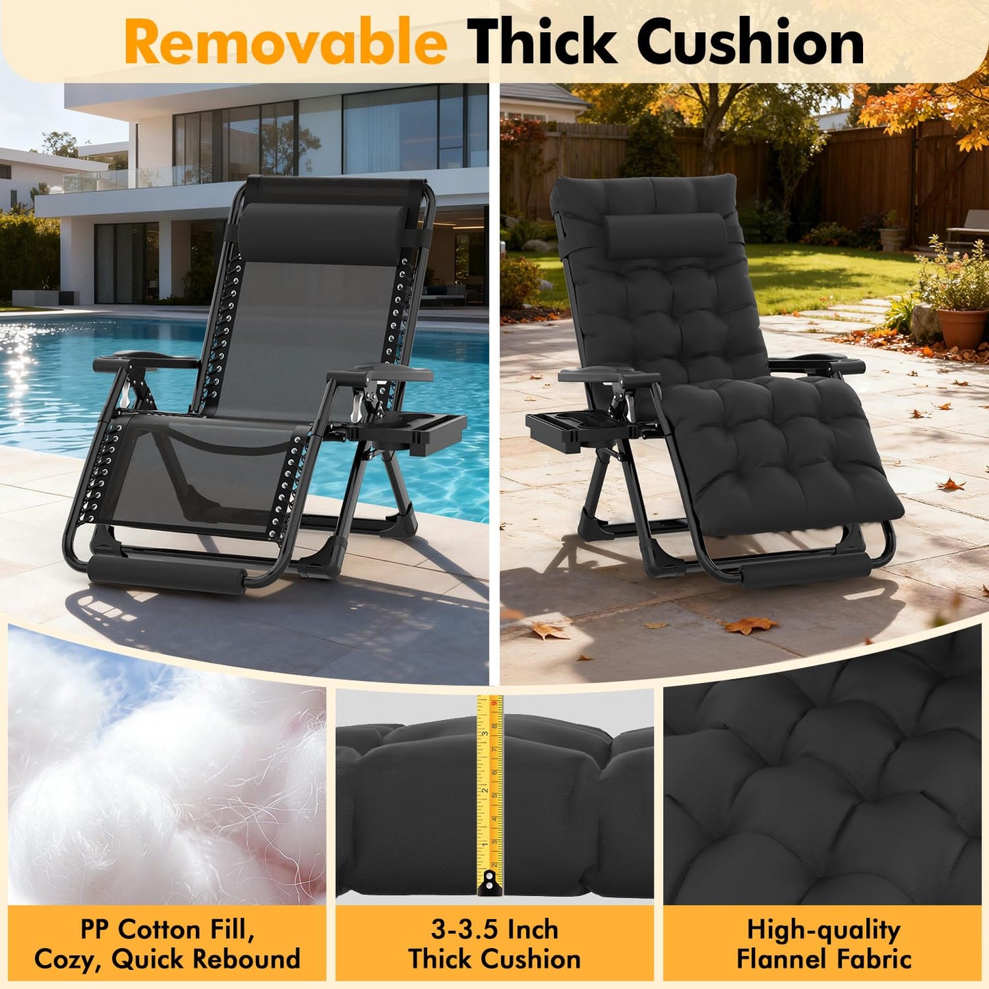 Slendor Oversized Zero Gravity Chairs XL, Padded Anti Gravity Chair, 29in Zero Gravity Lounge Chair, Folding Reclining Chair w/Aluminum Alloy Lock, Headrest, Cup Holder, Support 440lbs, Black