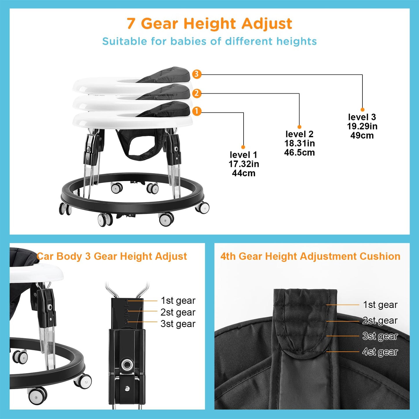 Wnttmt Baby Walker with Wheels, One-Touch Folding Baby Walkers with Height Adjustment, Large Dinner Plate and Brake, Walker for Baby Boy Girls 6-18 Months, Black