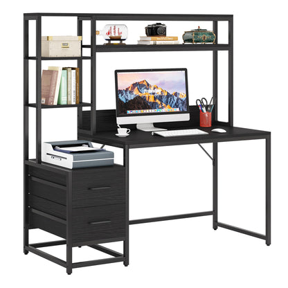 Tribesigns 55 Inch Computer Desk with 2 Drawers and Storage Shelves, Rustic Office Desk with Hutch, Study Writing Gaming Table Laptop Workstation for Home Office (Black)