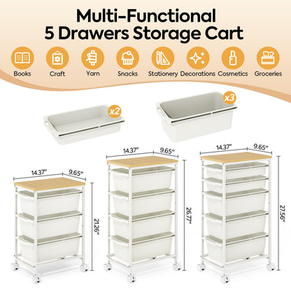 Rolling Storage Cart with 5 Drawers, Craft Organizer, Wooden Tabletop Utility Cart for Bedroom, Children's Room and Office Organization, Table Side Trolley with Lockable Wheels, White