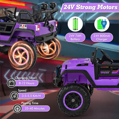 INFANS 24V 2 Seater Ride on Car for Kids, 2WD/4WD Battery Powered with Remote Control, Music, USB, MP3, Spring Suspension, 20" Wide Seat Electric Jeep Toys for Boys Girls Aged 3+ (Purple)