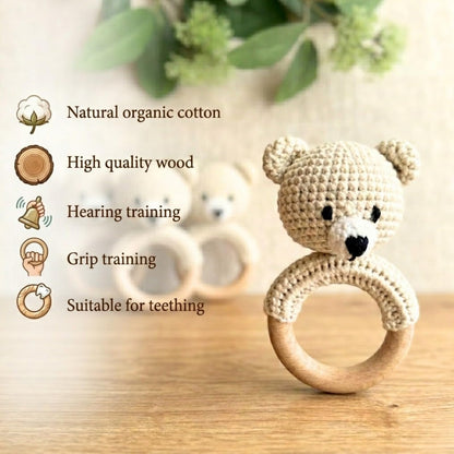 Organic Crochet Bear Baby Rattle Toy - Handmade Newborn Gift Set with Teether & Pacifier Holder - BPA-Free Organic Cotton New Baby Gift - Infant Sensory Toy for Girls Boys 0-12 Months