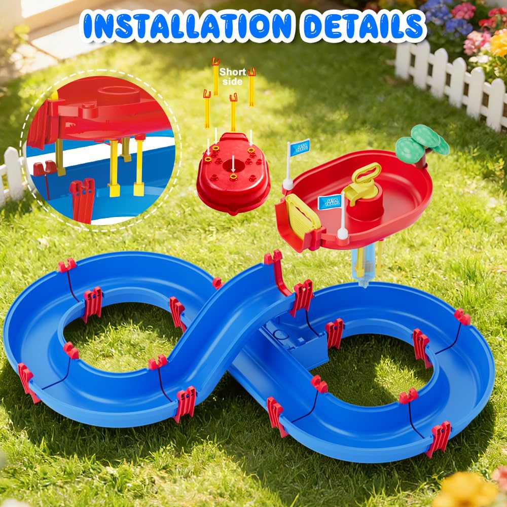 VATOS 2-Tier Outdoor Water Table Toys for Kids, 61PCS DIY Summer Waterways Playset with Pump, Toddler Water Park Toys for Pool Backyard Beach, Sensory Activity Fun Toy Gift for Boys Girls 3-5 4-8