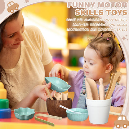 Tiangrid 14pcs Sensory Bin Tool Sensory Tools for Boys and Girls Fine Motor Skill Toys Wooden Tong Spoons Bowls Plate Hammer Magnifying Glass and Rolling Pin for Transfer Work and Fine Motor Learning