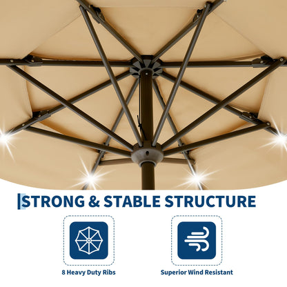 Garvee 9ft Patio Umbrella with Solar Lights, 3-Tier Patio Table Umbrella Outdoor with LED Lights, Ventilation, Easy Crank & Tilt, 8 Sturdy Ribs, UV Protection, Large Patio Umbrella for Deck, Pool