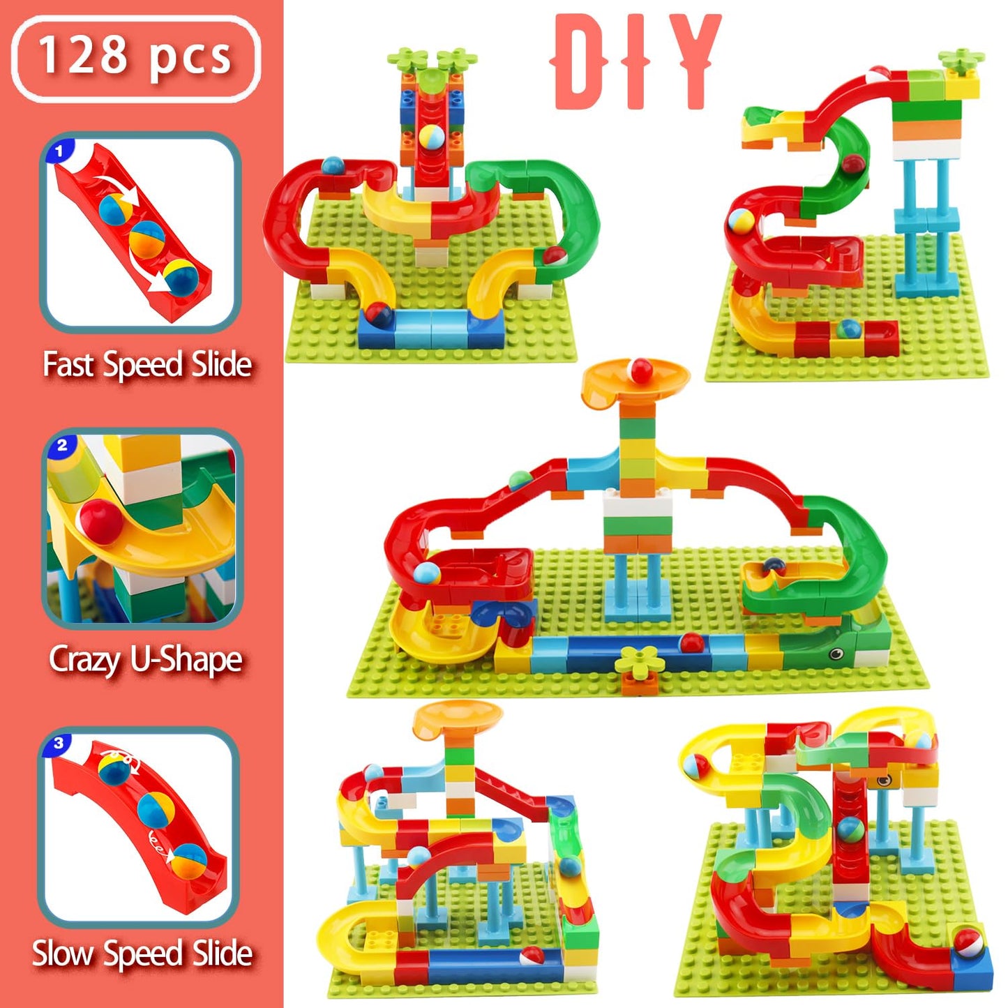 Anpcso Marble Run Building Blocks for Kids Age 3-8, 128 Pcs STEM Building Bricks Set with Toss Ring Game, Educational Learning Toys for Toddlers Boys Girls Gifts- Compatible with All Major Brands