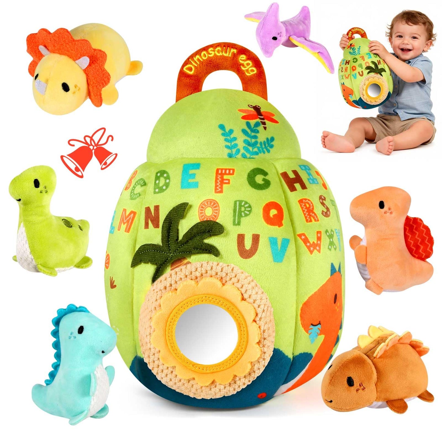 FREYBLI Baby Toys 6-12 Months - Soft Dinosaur Egg Toy with Rattle, Crinkle Paper, Squeaker, Mirror - 6 Month Old Baby Toys Boy Girl Gifts, Baby Sensory Montessori Toys for 6 Month Old Infant Toys