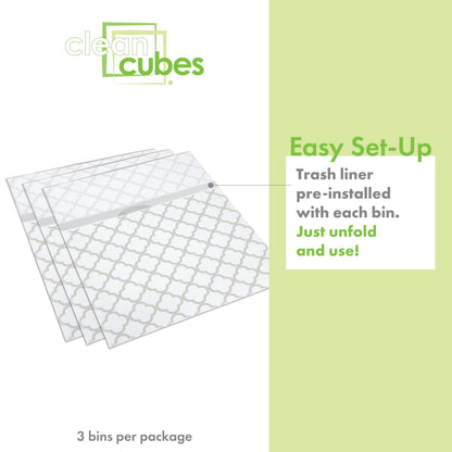 Clean Cubes 13 Gallon Disposable Pop-Up Trash Cans (3-Pack) with Fitted Bags – Foldable Garbage & Recycling Bins for Parties, Events & Kitchen (Trellis, 17" H x 13.5" W x 10" D)