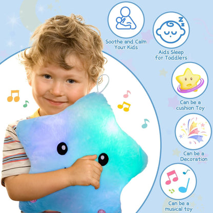 Subao Sensory Toys for Kids with Autism,14" Soft Toddler Pillow With Light &Music,Plush Star Night Light,Light Up Adhd Autism Sensory Products,Birthday Xmas Easter Gifts for Boys 3 4 5 6 7 8 9 10 Blue
