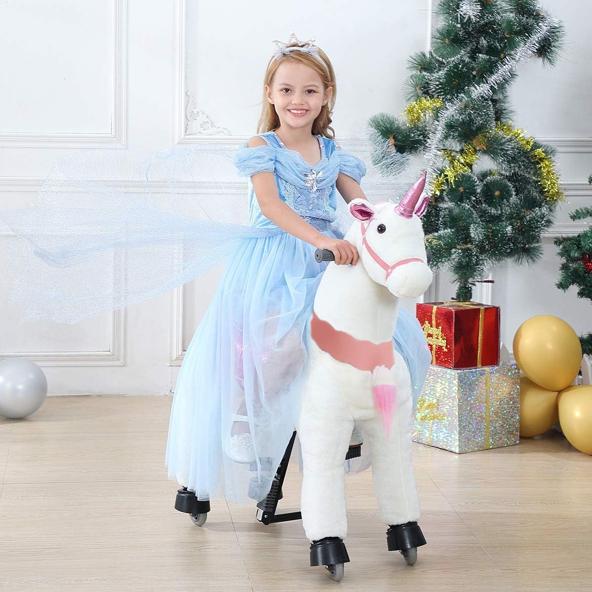 PONYEEHAW Ride on Unicorn Toys, Kids Riding Unicorn Toys Ride on Toys for 6-14 Years Old, Premium Plush Animals Toys Walking Unicorn with Wheels (White and Pink, 31.5" L x 13" W x 36.2" H)