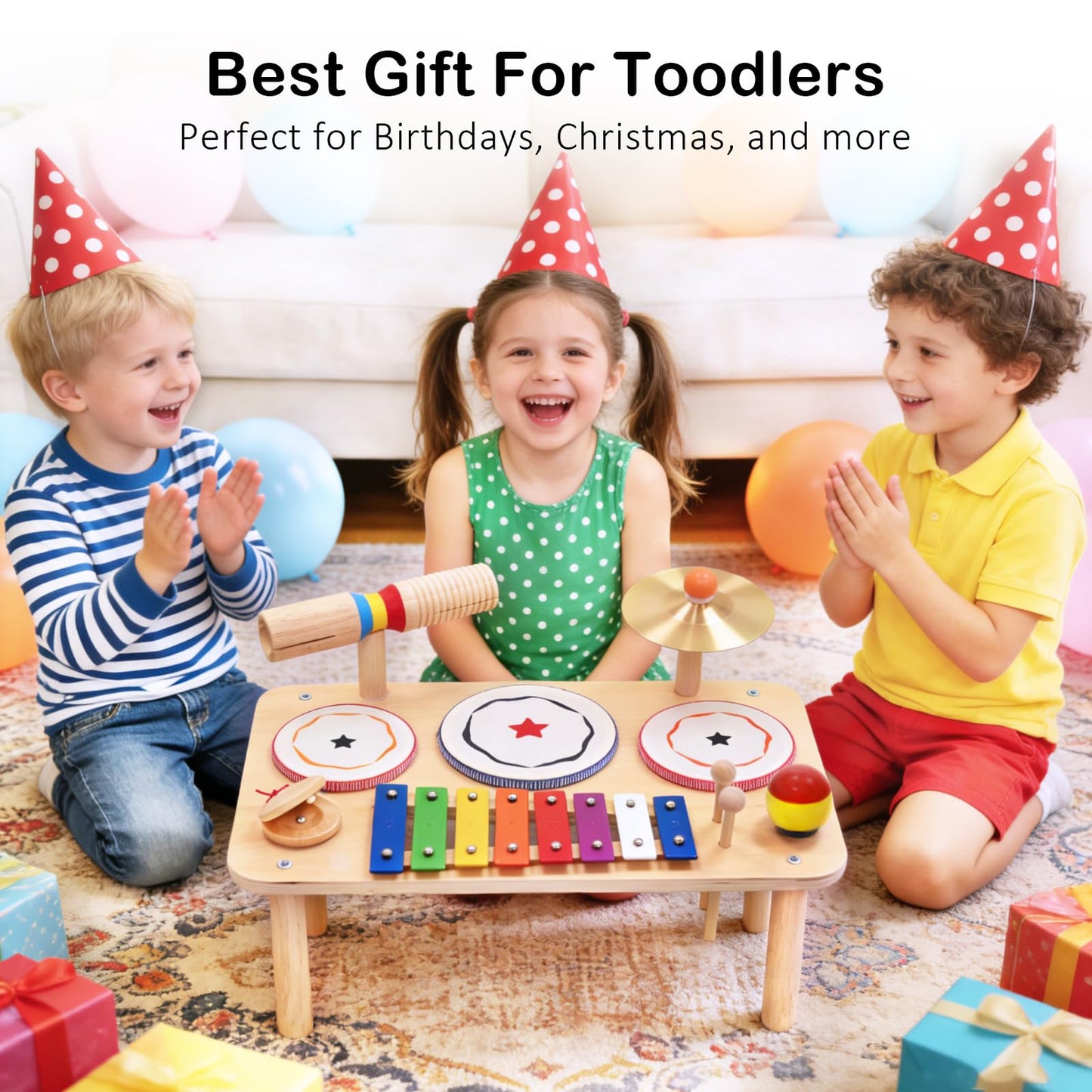 WINYGZ 9-in-1 Baby Drum Set, Low Noise Montessori Musical Instruments for Toddlers 1-3, Safe & Durable Wooden Music Toys for Quiet Sensory Play at Home, Great Birthday for Boys Girls