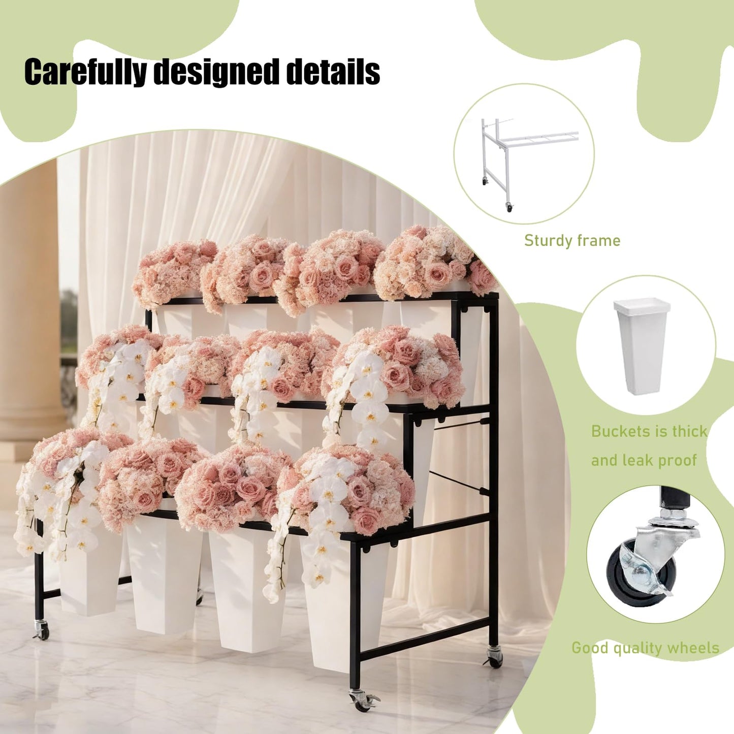 Flower Display Stands With Buckets, With 12pcs Buckets, 3-Tier Rolling Flower Bar,Heavy Duty Metal Flower Cart,For Indoor/Outdoor Use, Wedding Decor & Florist Displays (B - Black frame, white bucket)