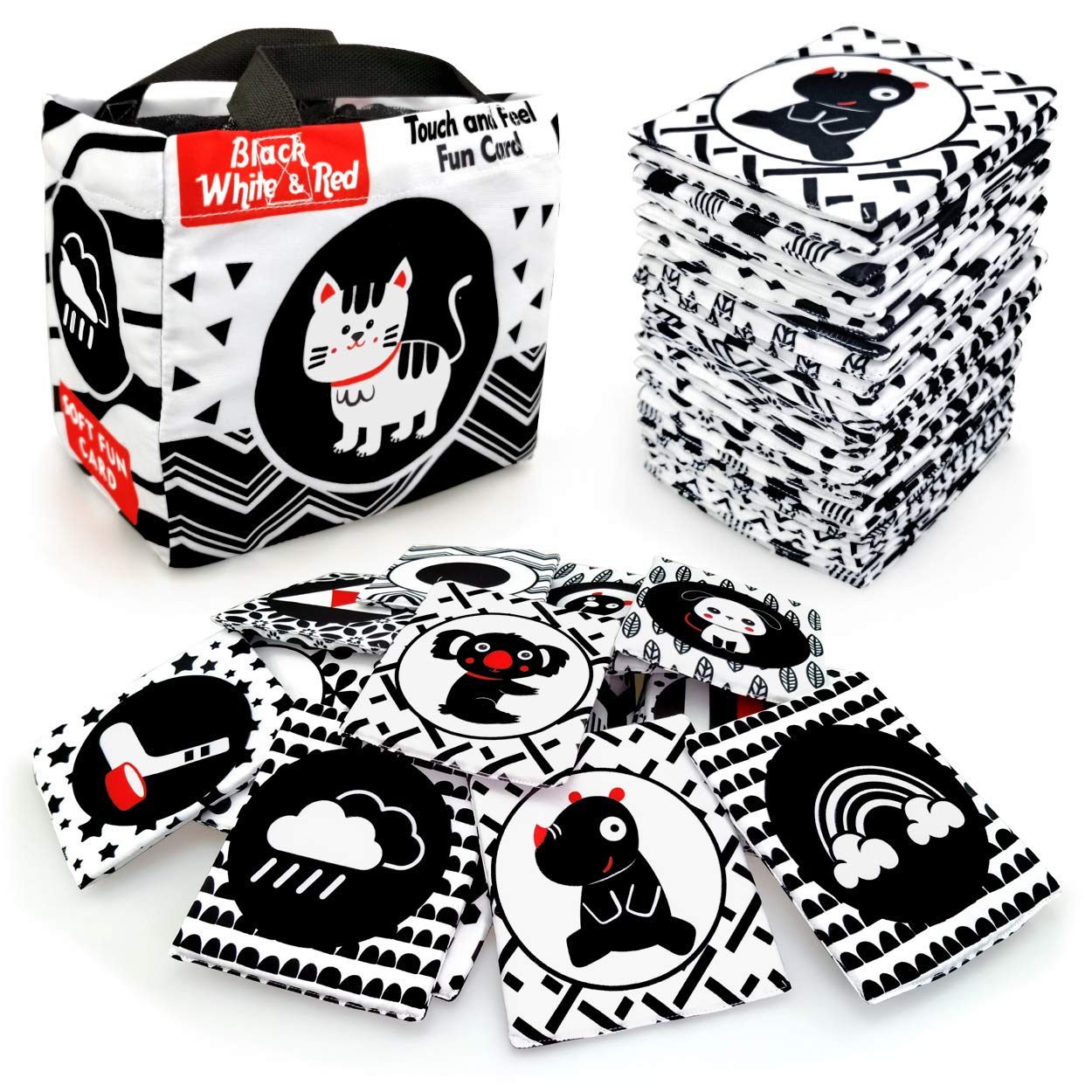 Black White Soft Flash Cards with Cloth Storage Bag for Baby and Infant, High Contrast Newborn Toys for 0 3 6 9 12 Months Boys and Girls, Gifts for Baby Shower（24PCS）