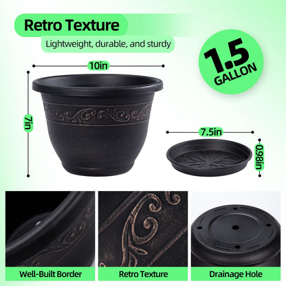 QCQHDU 10 inch Retro Plant Pots, 3 Pack Plastic Planters for Indoor & Outdoor Plants Flower Pot with Drainage Hole and Saucer
