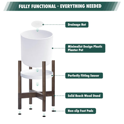 D'vine Dev Planter Pot with Stand - 10 Inch Plastic Cylinder Flower Pot with Wood Planter Holder for Indoor, Matte White Pot + Walnut Color Stand, 55-C-L-1