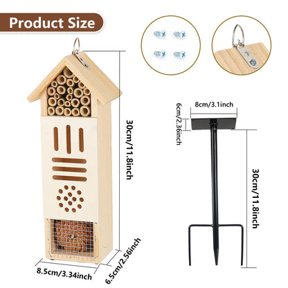Wooden Insect House, Bee House with Metal Stake for Garden, Natural Ladbugs Habitat & Butterfly Hotel on The Ground or Hanging on Tree Wall (Pine, 3.34'' x 2.56'' x 11.8'', 11.8'' H Stake)