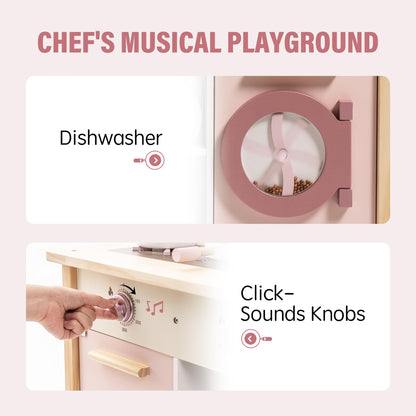 ROBOTIME Wooden Play Kitchen Set, Pretend Play Kitchen Set for Kids with Realistic Design, Kids & Toddlers Kitchen Playset with Dishwasher, Toy Kitchen Set for Boys and Girls Ages 3+ (Pink)