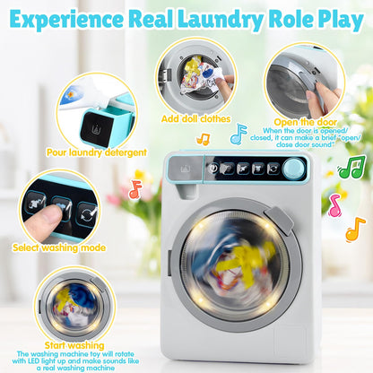 Kids Toy Washing Machine, Realistic Pretend Play Appliance for Girls, Interactive Toy Dollhouse Furniture, Play Washer and Dryer Playset with Spinning Drum, Light & Sound Effects, Laundry Basket Set