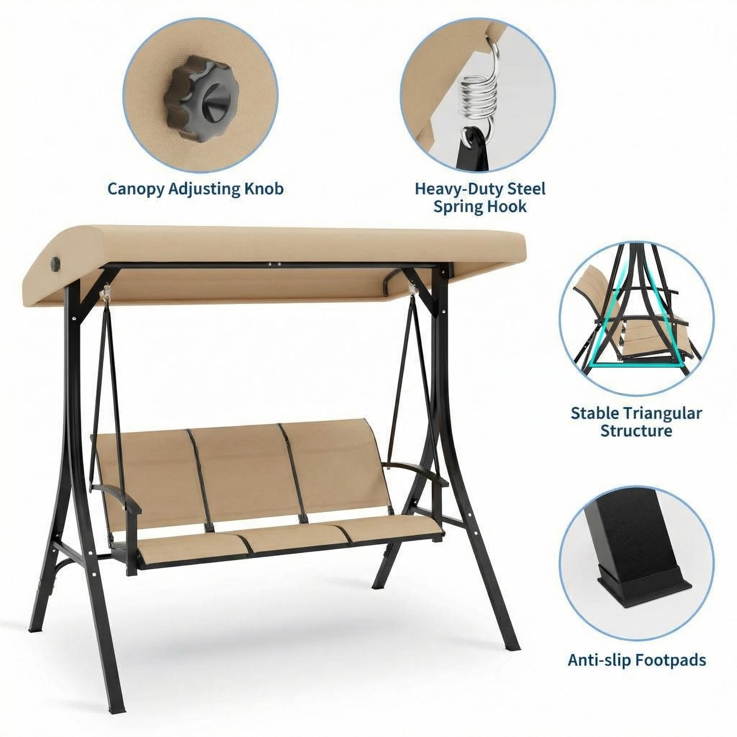 GarveeLife 3-Seat Patio Swing Chair, Outdoor Porch Hanging Chairs with Adjustable Canopy and Armrests, Breathable Textilene Fabric Seat & Backrest, Swing Bench for Garden, Poolside, Backyard, Beige