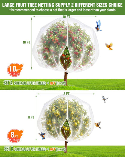 JoyHalo Large Fruit Tree Netting with Zipper & Drawstring, 10 × 10FT Pest Barrier Netting for Garden, 60-Mesh PE Tree Covers for Bush, Blueberry, Vegetables & Plant Protection (2 Packs)