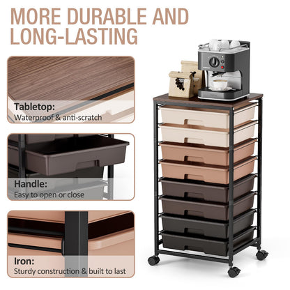 TOOLF Rolling Carts with Wheels, 8-Drawer Utility Cart, Wooden Tabletop Storage Cart for Office, Arts & Crafts, Classroom, Bedroom, Brown