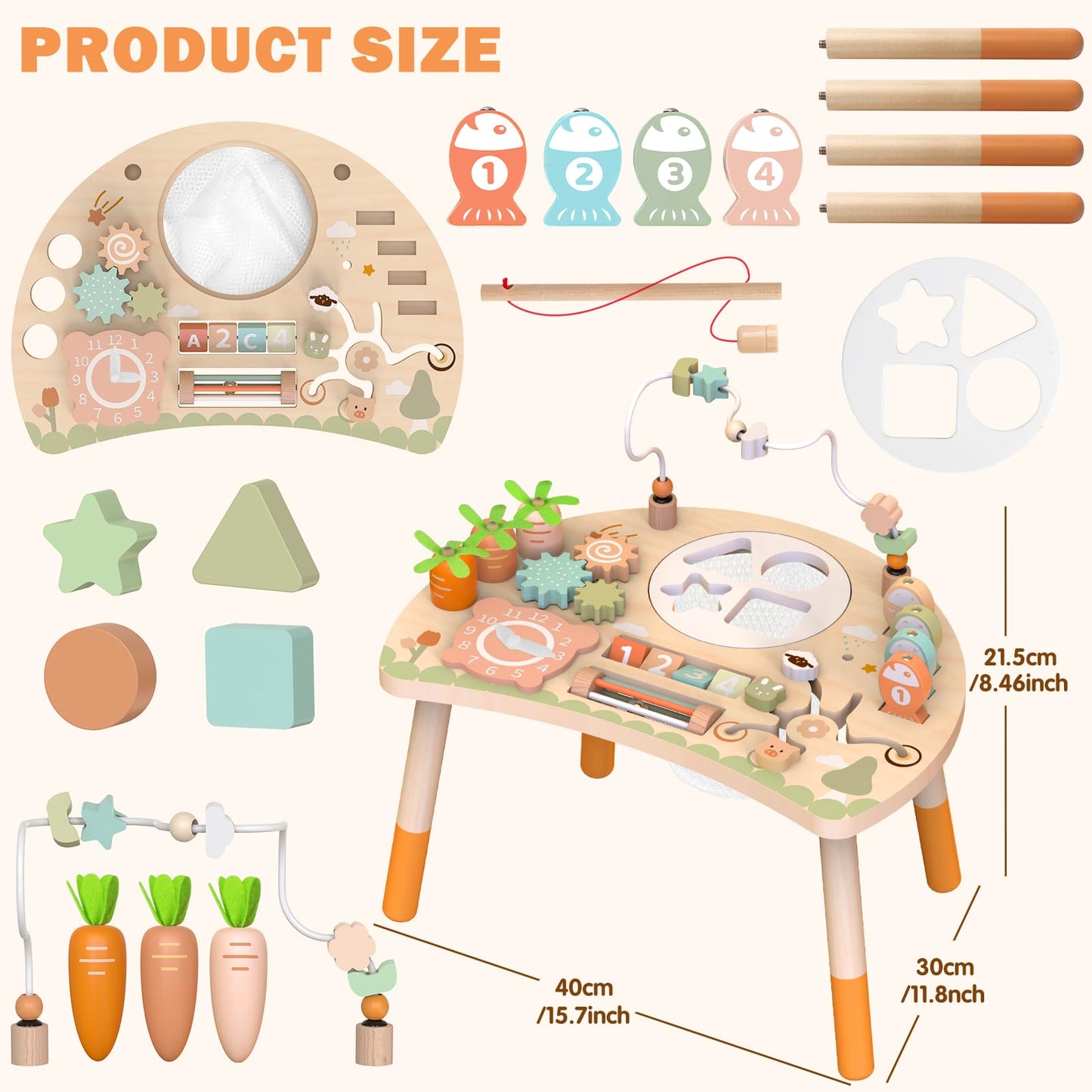 Weilim Activity Table, 9-in-1 Wooden Montessori Toy Activity Center with Shape Sorter Fishing Game Bead Maze, Baby Play Table Sensory Educational Toys for Toddler