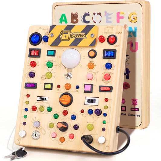 Busy Board with 19 LED Light Switches, Montessori Toys for 1 2 3 Years Old, Wooden Sensory Board, Toddlers Activity Travel Toys for 1 2 3 Year Old Boy & Girl Birthday Gift (Big)