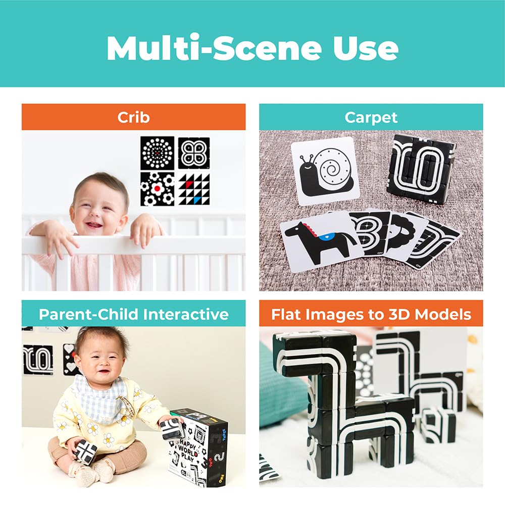 QBI Magnetic Baby Toys 0-6-12 Months | Black and White Baby Cards Newborn Toys High Contrast Flashcards & Magnetic Cubes | Visual Stimulation Montessori | Baby Essentials (9 Pieces)