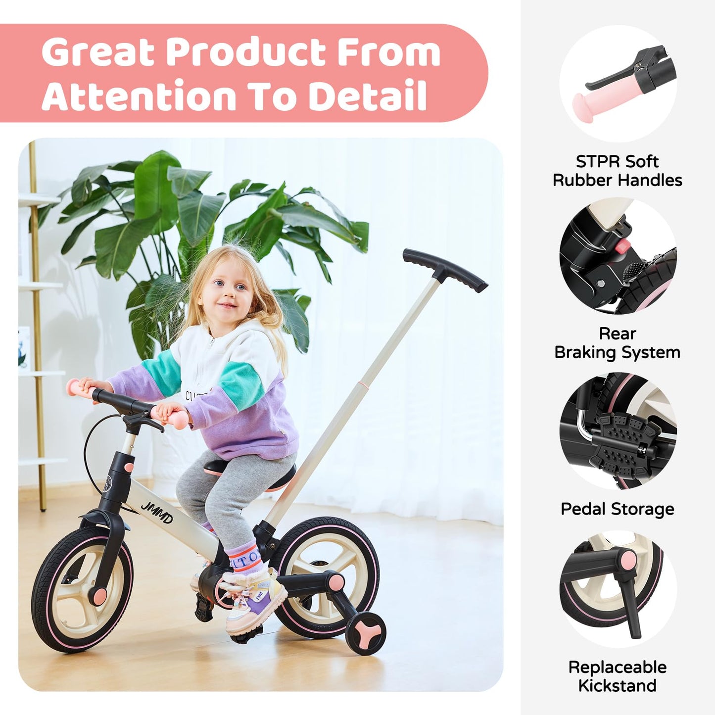 JMMD 6 in 1 Toddler Bike with Push Handle for Kids 18-60 Months, 12" Foldable Balance Bike with Training Wheels, Pedals, Brakes, Kickstand, Push Tricycle Toddler Gift & Toys for Boy & Girl
