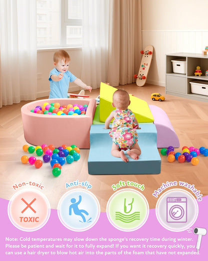 Auksay Baby Climbing Blocks, Soft Play Set for Crawling Baby 6-12 Months, Anti-Slip Particles Bottom & Velcro Connectors, High-Density Foam Gym with Soft Fabric Cover (Balls not Included)(Colorful)