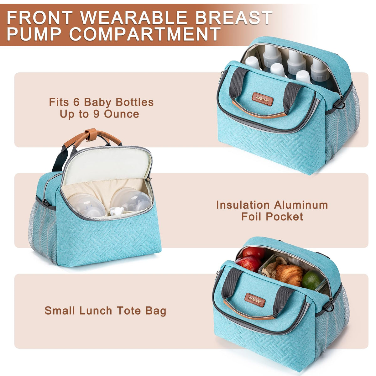 BABEYER Breastmilk Cooler Bag with Ice Pack Fits 6 Baby Bottles up to 9 Ounce, Wearable Breast Pumps Cooler Bag for Nursing Mom Daycare, Work, Travel- Aqua