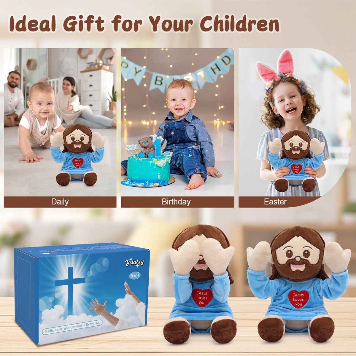 Yelakey Jesus Plush Peek A Boo Toy, Jesus Stuffed Doll Religious Plushie with 15 Bible Songs for Kids Christmas Easter Gifts 10''