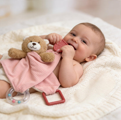 CREVENT 3-in-1 Baby Lovey Blanket with Teether & Rattle | Plush Chewable Animal Head Security Blanket, Birthday Gift - Pink Bear