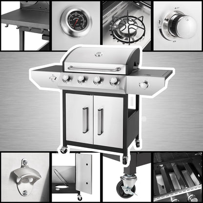 Kendane 4-Burner Propane Gas BBQ Grill with Side Burner, Barbecue Gas Grill with Enameled Cast Iron Grates for Outdoor Patio Garden Barbecue, 53,000 BTU, Stainless Steel Grill Cover included