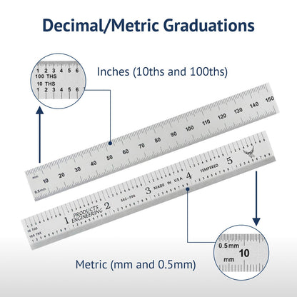PEC Tools 6"/150mm Rigid Metal Ruler, Satin Chrome Carbon Steel Machinist Rule, Decimal & Metric Graduation (1/10", 1/100", 0.5mm, 1mm), Fully Hardened and Tempered, Made in USA