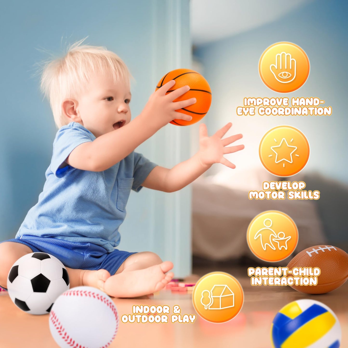 Innotoys Balls for Toddlers Babies, Soft Baby Toys, 6 Pack 3.5" Foam Balls Kids Sports Set, Small Soccer Basketball Baseball Football Volleyball Tennis, Indoor Outdoor Toys Games Gifts for Boys Girls