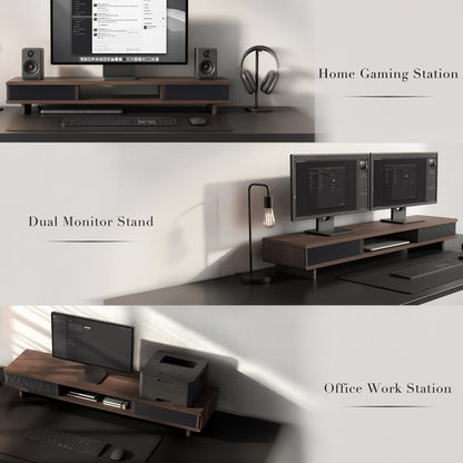 UniAbode Dual Monitor Riser with Sliding Doors & Storage - 42.5" Extra Wide Dual Monitor Stand for Desk Organizer,Desk Shelf for Office & Gaming - Acrylic Wave Design,110 lbs Capacity,Walnut