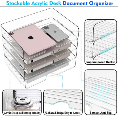 Paper Organizer Letter Tray, 4 Pack Acrylic Stackable Desk File Organizer,Versatile Clear Office Organizer for File Paper, Ipad, Letter, A4 Office File, Books, Notes, Etc