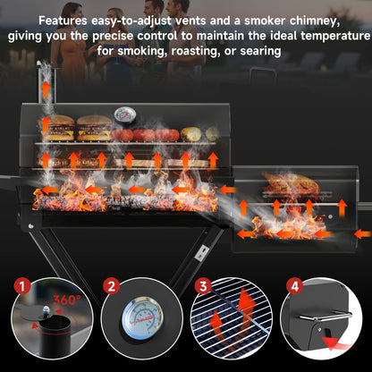 kscocinaBBQ Portable Charcoal Grill with Smoking Function, Foldable Suitcase Design with Wheels, Multi-Tier Storage Rack & Waterproof Cover for Outdoor BBQ Parties (Black)
