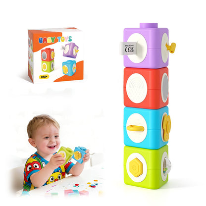 HUNKING Activity Cubes & Stacking Toy Blocks Set of 4,12-in-1 Montessori Toys for 1-2 Years Old,Educational Activities Sensory Travel Toys for Airplane & Car, Perfect Birthday for Toddlers
