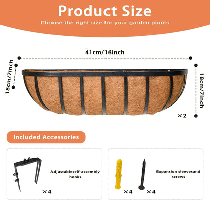 ZVOWOS 2 Pack 16" Railing Planter Window Box with Coco Fiber Liner Horse Trough Planter The Railing Planter Boxes for Deck Porch Fence Outdoor