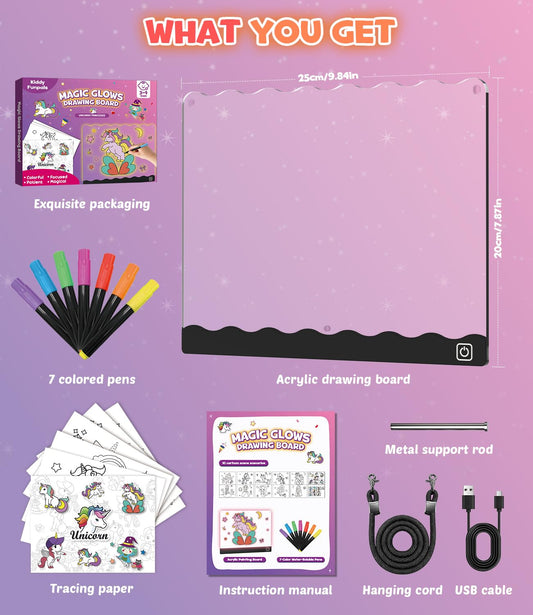 LED Drawing Board for Girls, USB-C 10" 7 Colors DIY Doodle Glow Tablet, 7 Pens, 10 Tracing Sheets - Unicorn Girls Toys Age 3+ Gift, Birthday Gifts for Girl 4 5 6 7 8 9 Year Old, Light Up Pad Art Kit