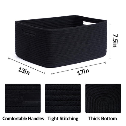 MiniArk Large Storage Baskets for Shelves, Closet Organizers Bins for Clothes Blanket Towels, Baby Nursery, Toy Baskets Box, Woven Rope Baskets, 17 x 13 x 7.5”, 2 Packs Black