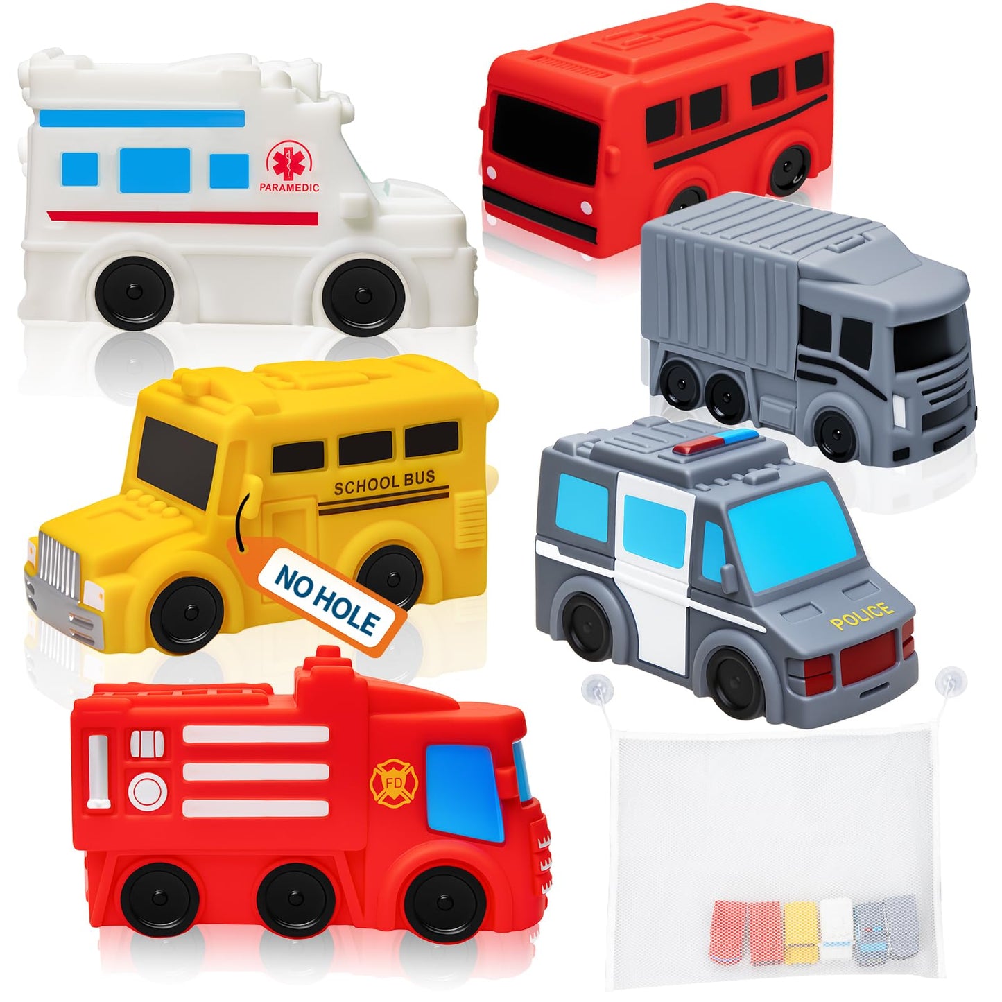 Mold Free Bath Toys with Mesh Storage Organizer, 6 Packs No Hole Baby & Toddler Bathtub Toys: Water Floating Vehicles Truck School Bus Car Toys, Sealed Soft Silicone Rubber Bath Toys for Kids Ages 0+